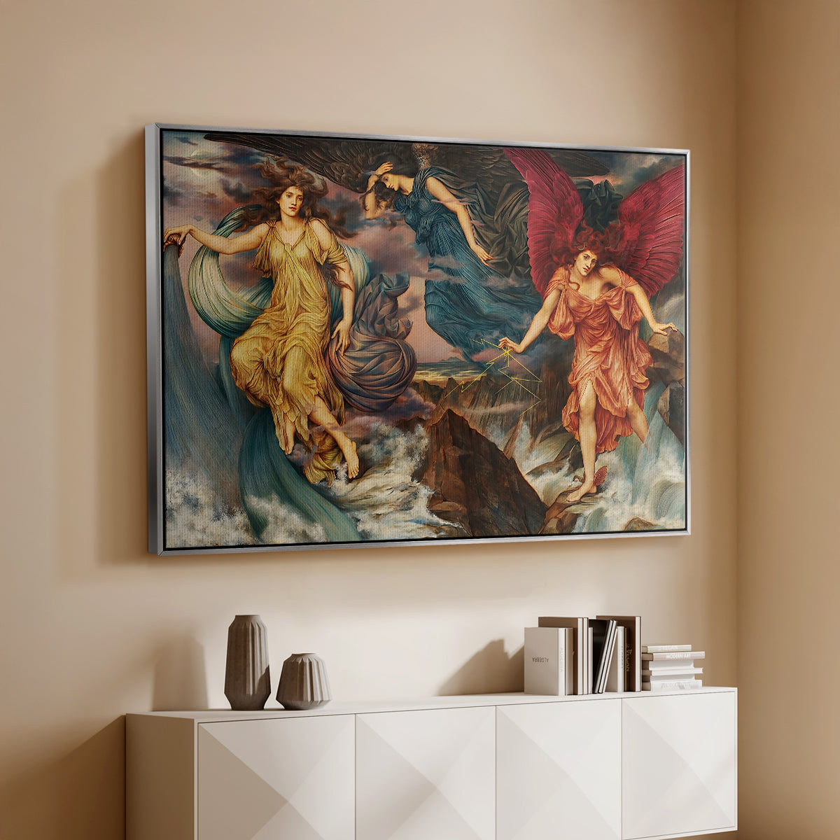 Silver floater framed canvas of The Storm Spirits, 1900 by Evelyn De Morgan, featuring a dramatic allegory of spirits moving within turbulent sky above a console cabinet in a minimalist entryway.