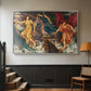 Silver floater framed canvas featuring a symbolic scene of airborne figures in chaotic movement, displayed in a hallway near a staircase.