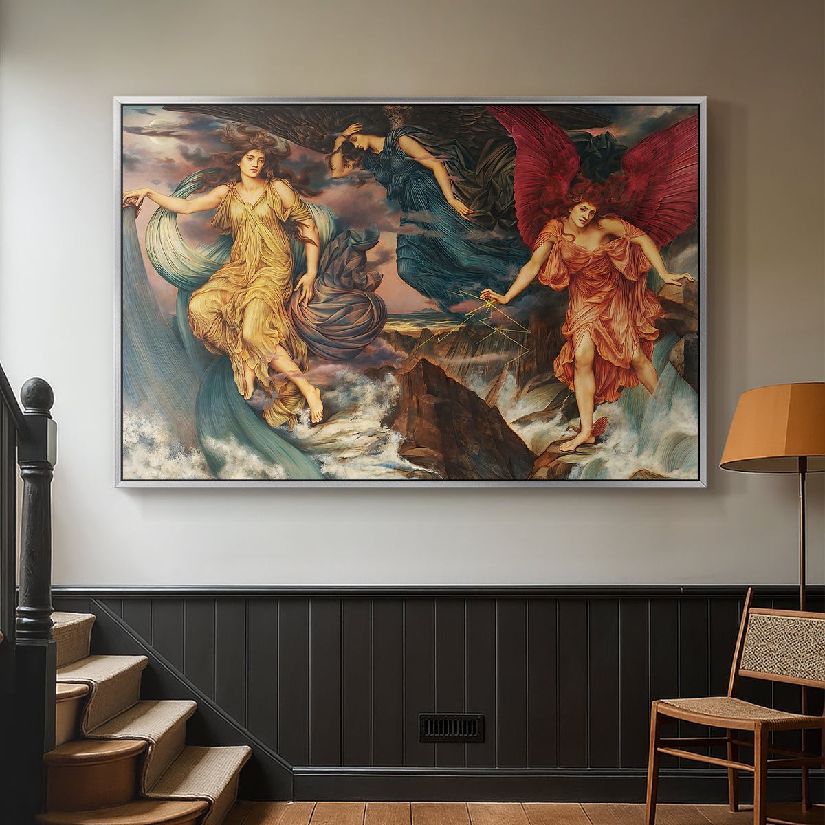 Silver floater framed canvas featuring a symbolic scene of airborne figures in chaotic movement, displayed in a hallway near a staircase.