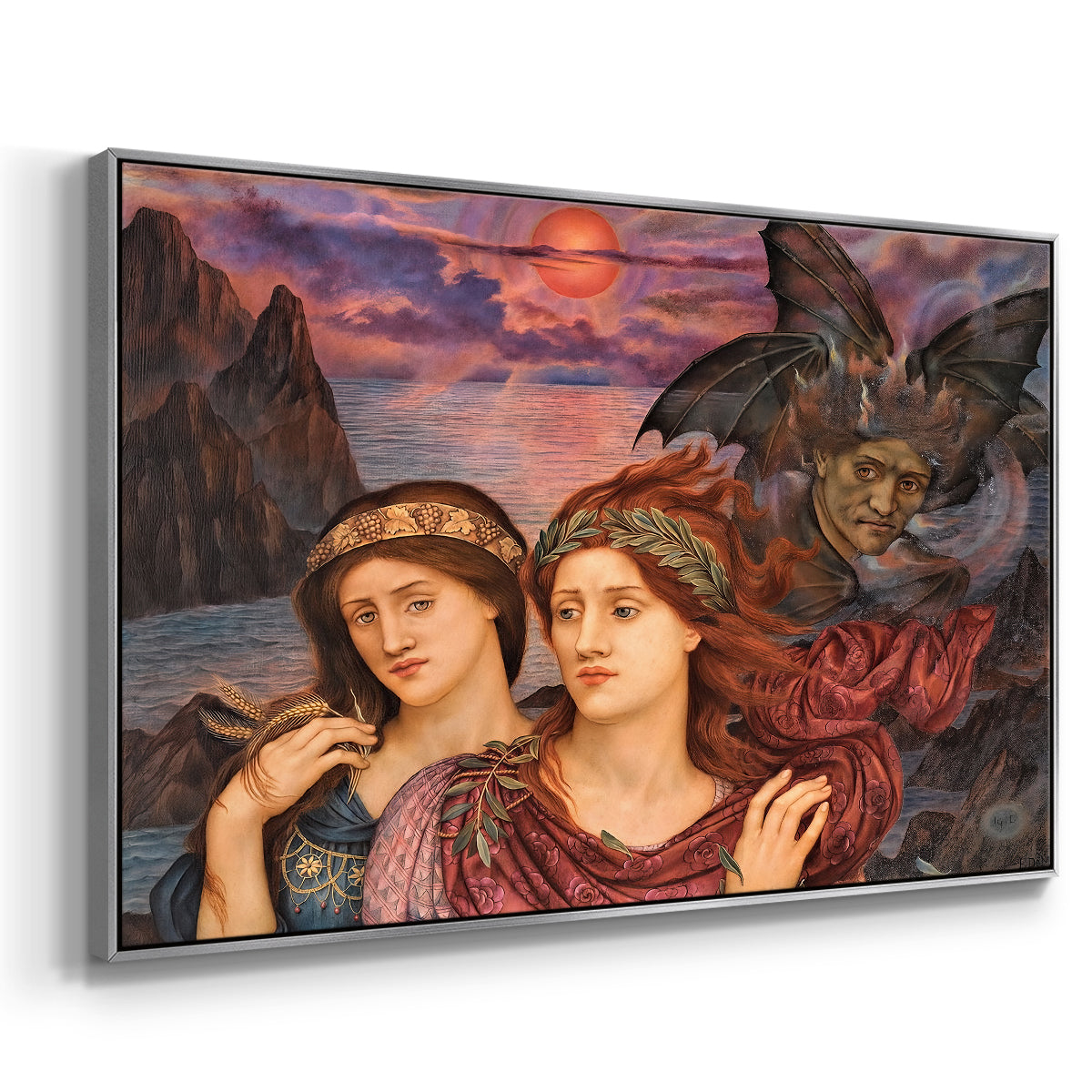 Angled view of The Vision, 1914 by Evelyn De Morgan in a silver floater framed canvas.