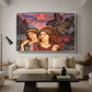 The Vision, 1914 by Evelyn De Morgan as a silver floater framed canvas featuring two female figures gazing outward with vivid sky behind them, displayed above a sofa in a modern living room.