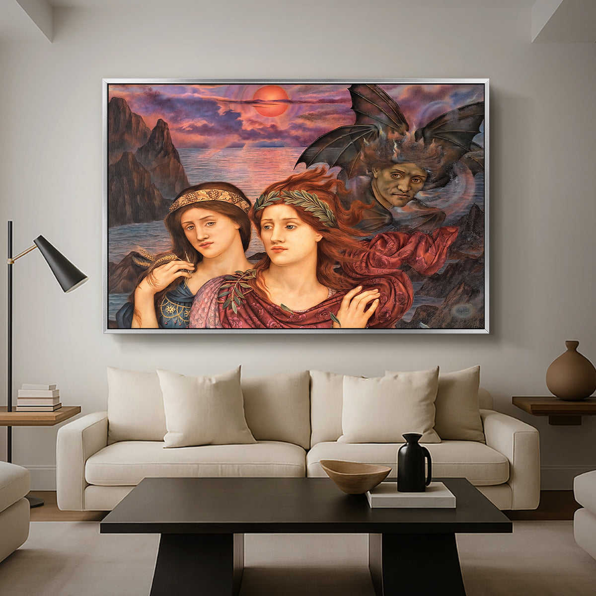 The Vision, 1914 by Evelyn De Morgan as a silver floater framed canvas featuring two female figures gazing outward with vivid sky behind them, displayed above a sofa in a modern living room.