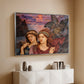 Silver floater framed canvas of The Vision, 1914 by Evelyn De Morgan, featuring a symbolic portrait of women framed by colorful atmospheric background above a console cabinet in a minimalist entryway.