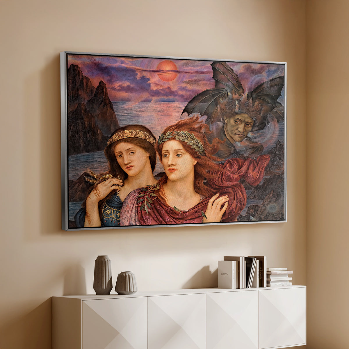 Silver floater framed canvas of The Vision, 1914 by Evelyn De Morgan, featuring a symbolic portrait of women framed by colorful atmospheric background above a console cabinet in a minimalist entryway.