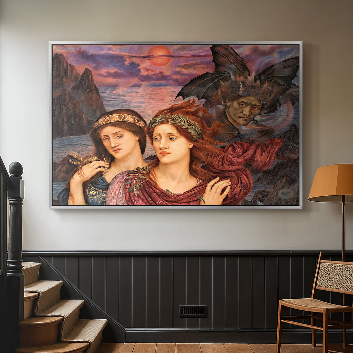 Silver floater framed canvas featuring an allegorical scene emphasizing emotion and color, displayed in a hallway near a staircase.