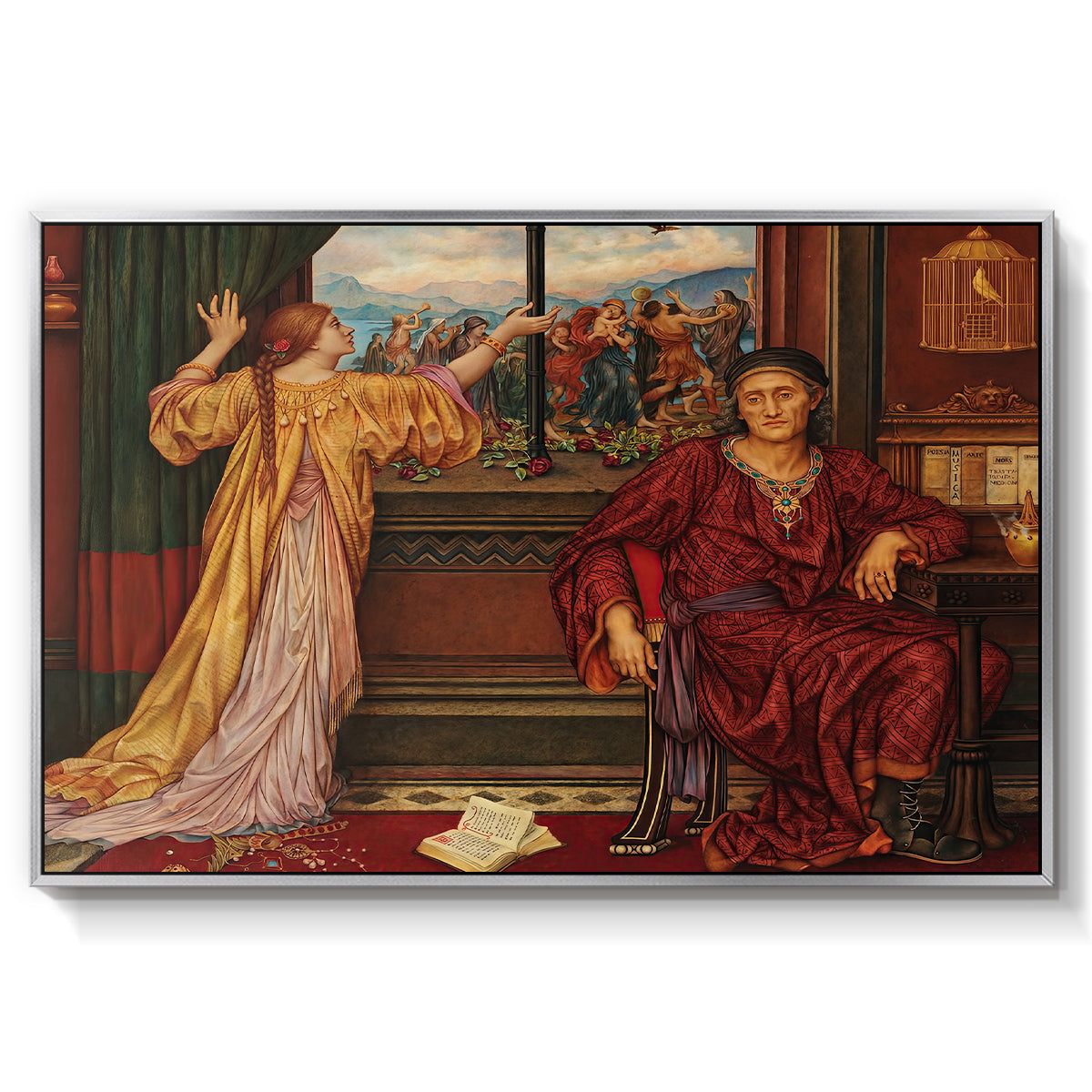 The Gilded Cage, c. 1901-1902 by Evelyn De Morgan in a silver floater framed canvas wall art display.