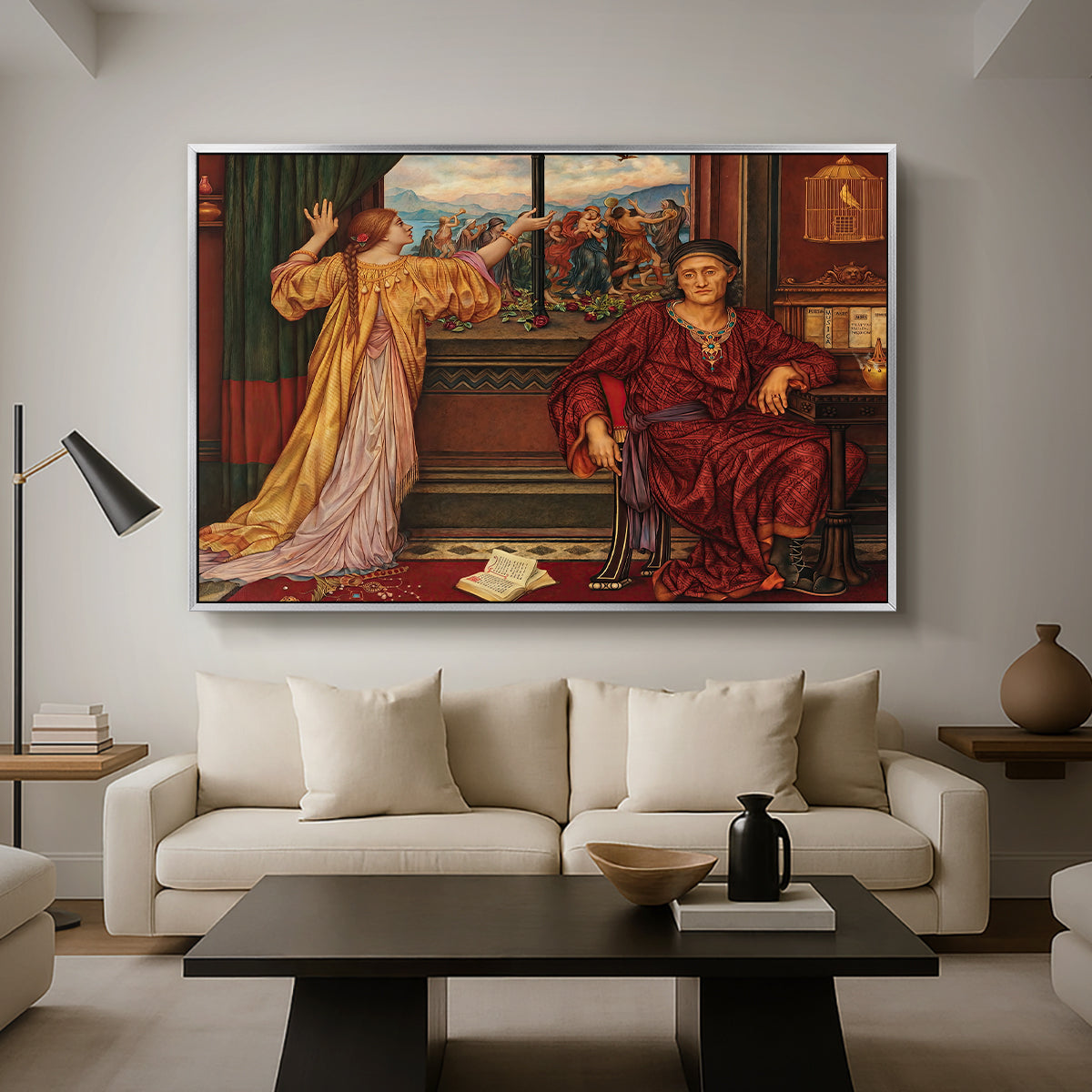 The Gilded Cage, c. 1901-1902 by Evelyn De Morgan as a silver floater framed canvas featuring a woman seated inside ornate interior symbolizing confinement and luxury, displayed above a sofa in a modern living room.