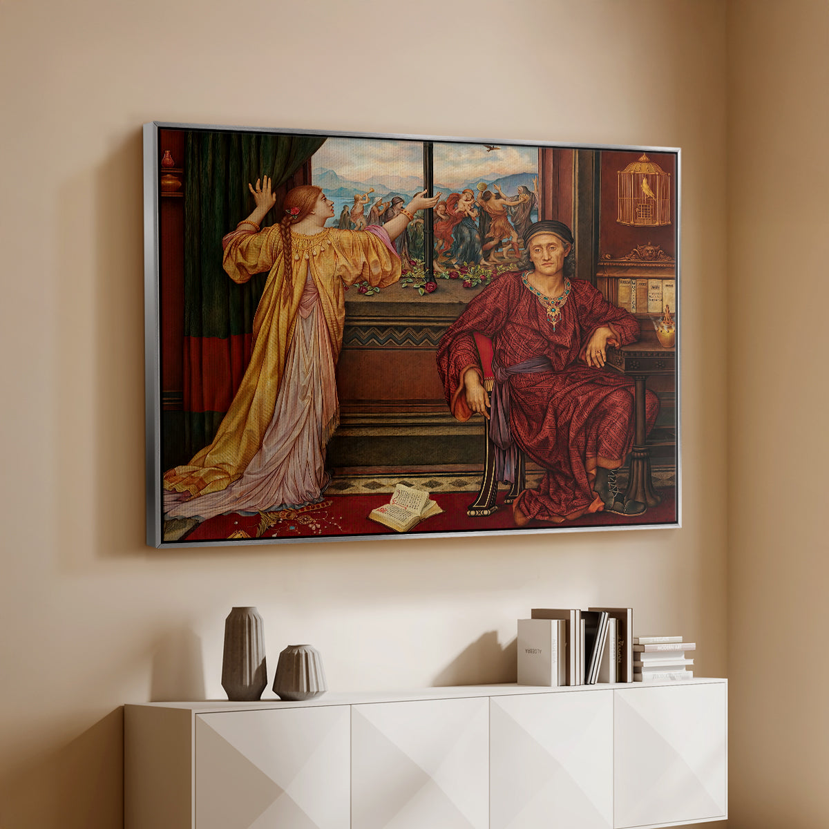 Silver floater framed canvas of The Gilded Cage, c. 1901-1902 by Evelyn De Morgan, featuring a symbolic scene of figure enclosed within decorative surroundings above a console cabinet in a minimalist entryway.