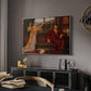The Gilded Cage, c. 1901-1902 by Evelyn De Morgan in a silver floater framed canvas featuring an interior composition with woman and gilded elements suggesting restriction, displayed above a desk in a dark home office interior.