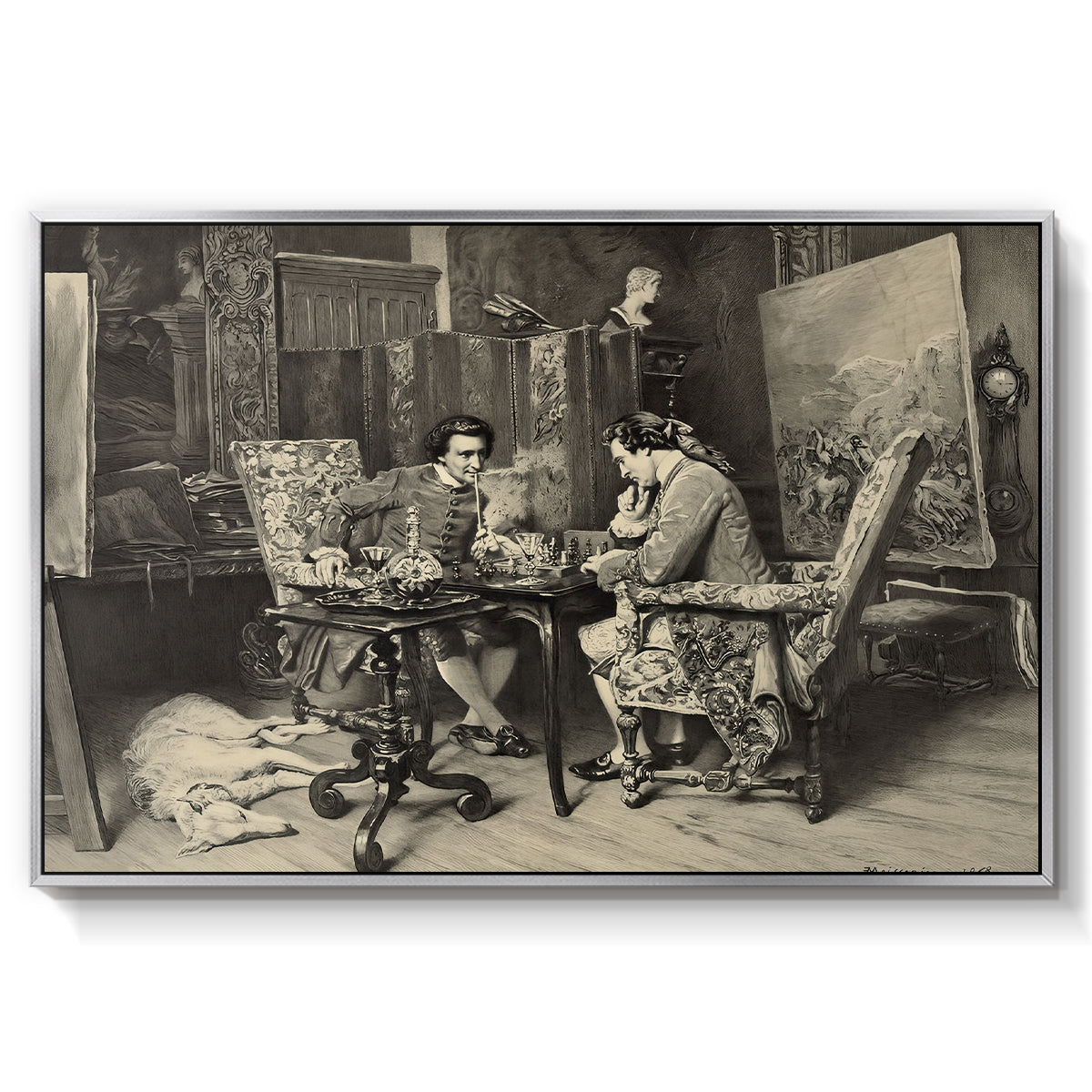 The Chess Players, 1858 by Ernest Meissonier in a silver floater framed canvas wall art display.