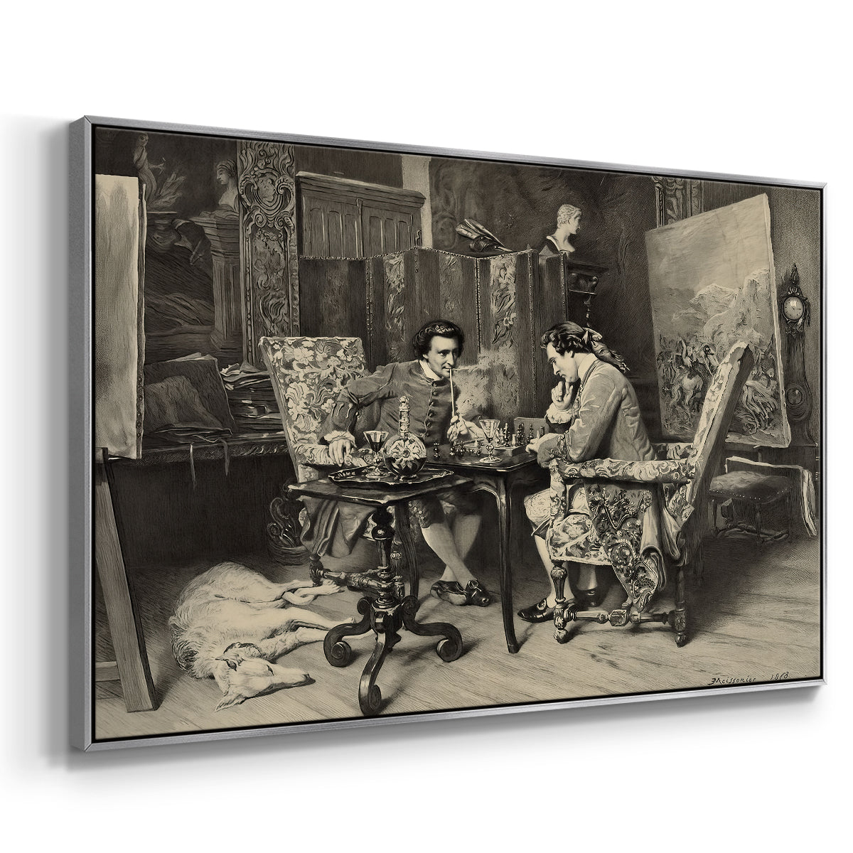 Angled view of The Chess Players, 1858 by Ernest Meissonier in a silver floater framed canvas.