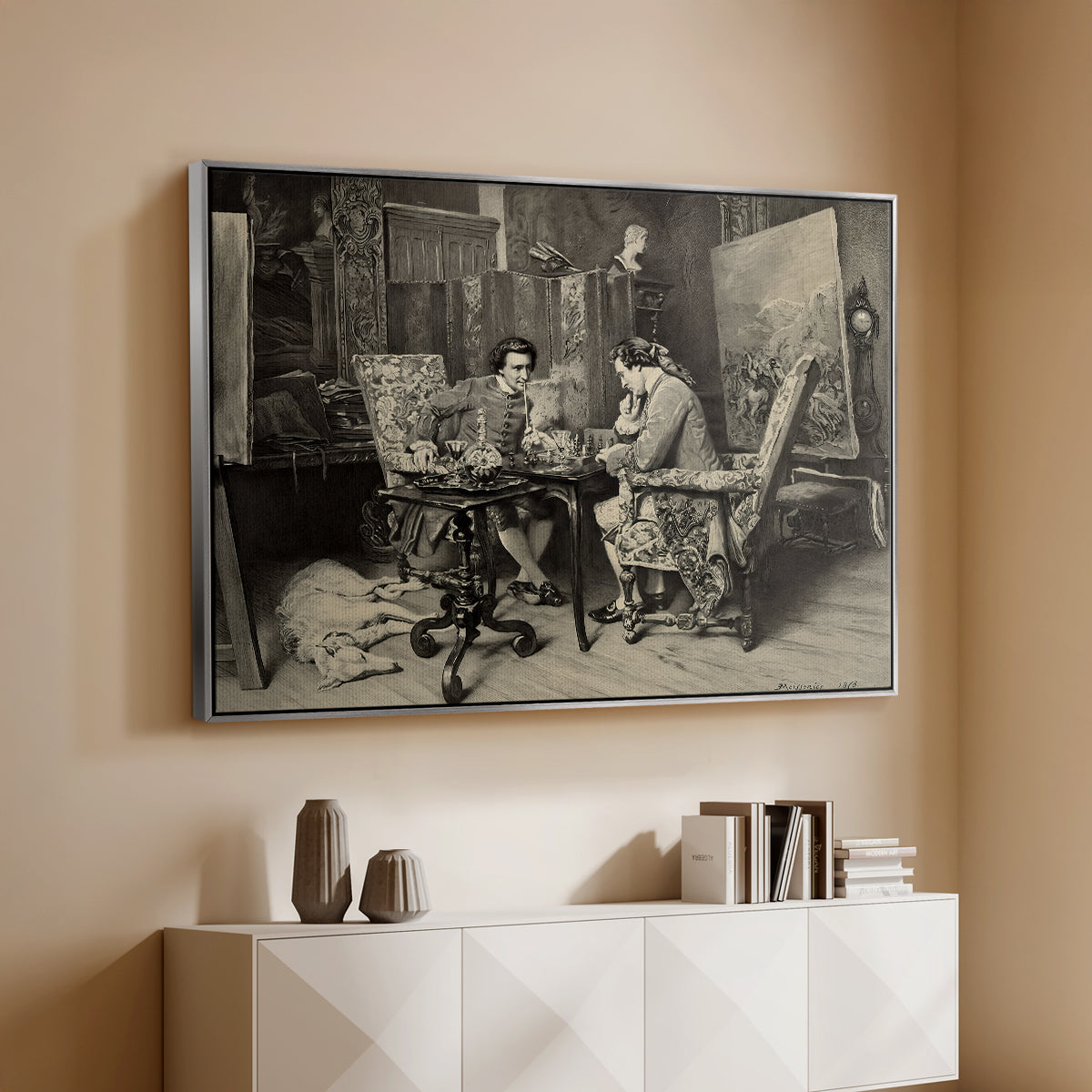 Silver floater framed canvas of The Chess Players, 1858 by Ernest Meissonier, featuring a realistic scene of figures concentrating on chess game indoors above a console cabinet in a minimalist entryway.