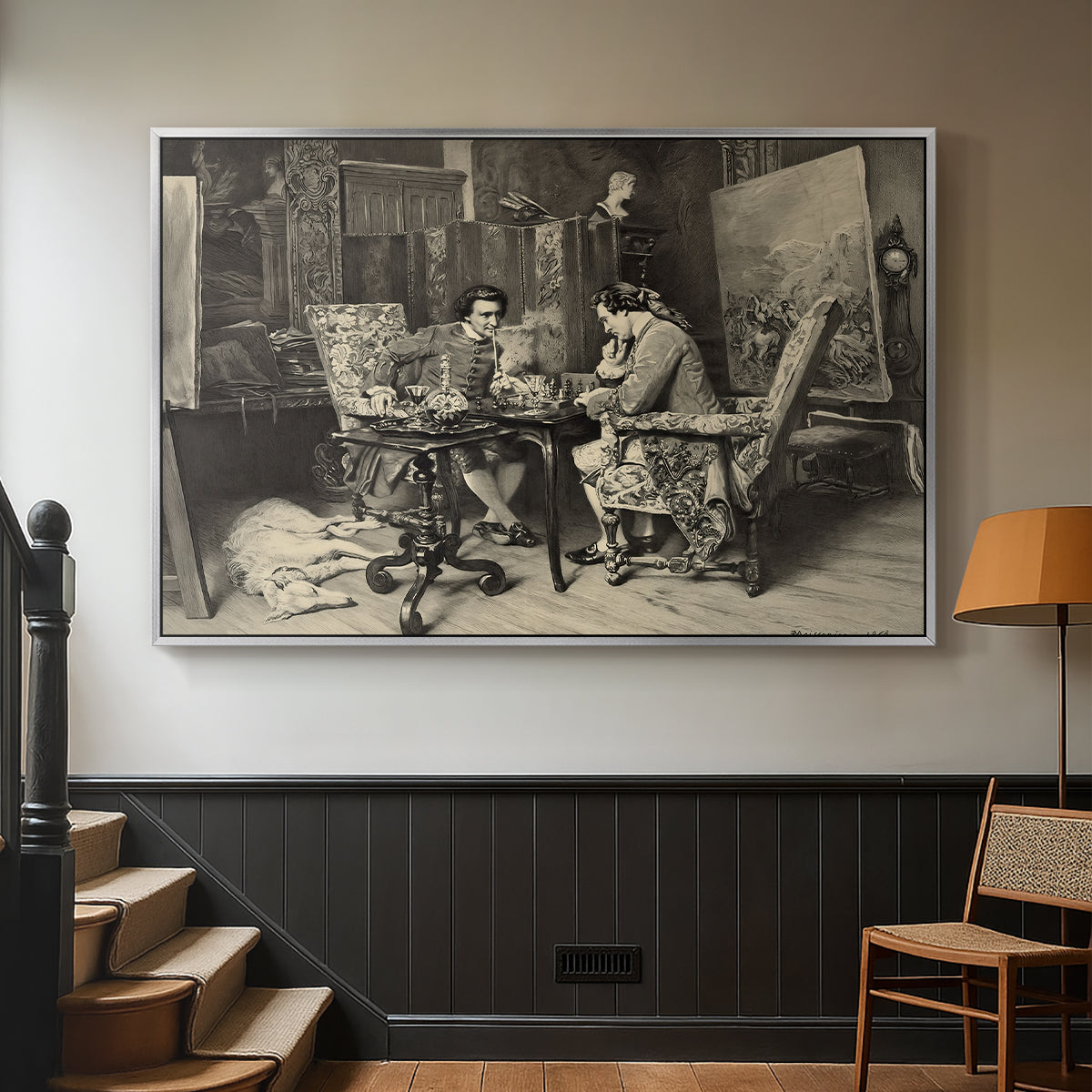 Silver floater framed canvas featuring a monochrome-style depiction of strategic game between two figures, displayed in a hallway near a staircase.