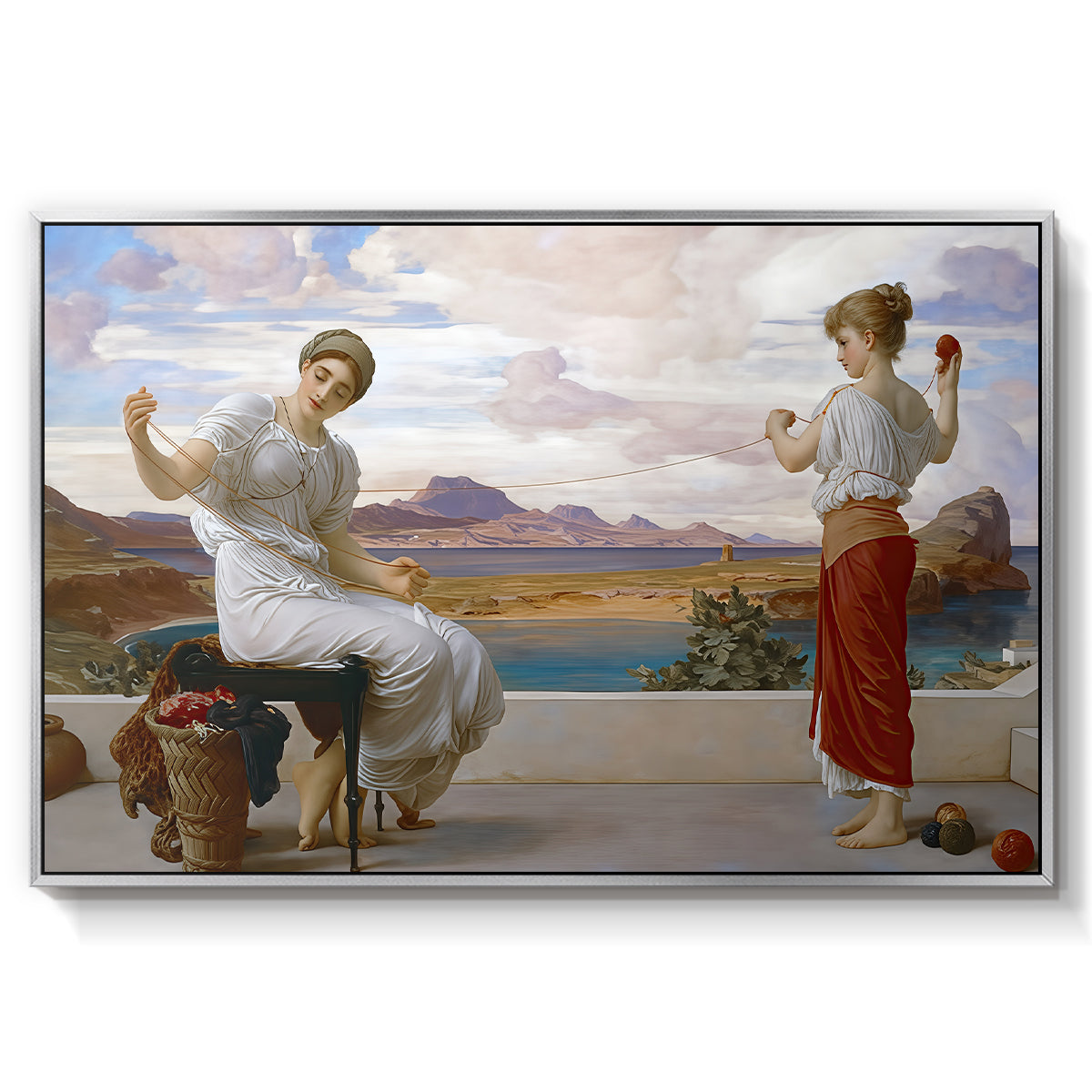 Winding the Skein, c. 1878 by Frederic Leighton in a silver floater framed canvas wall art display.