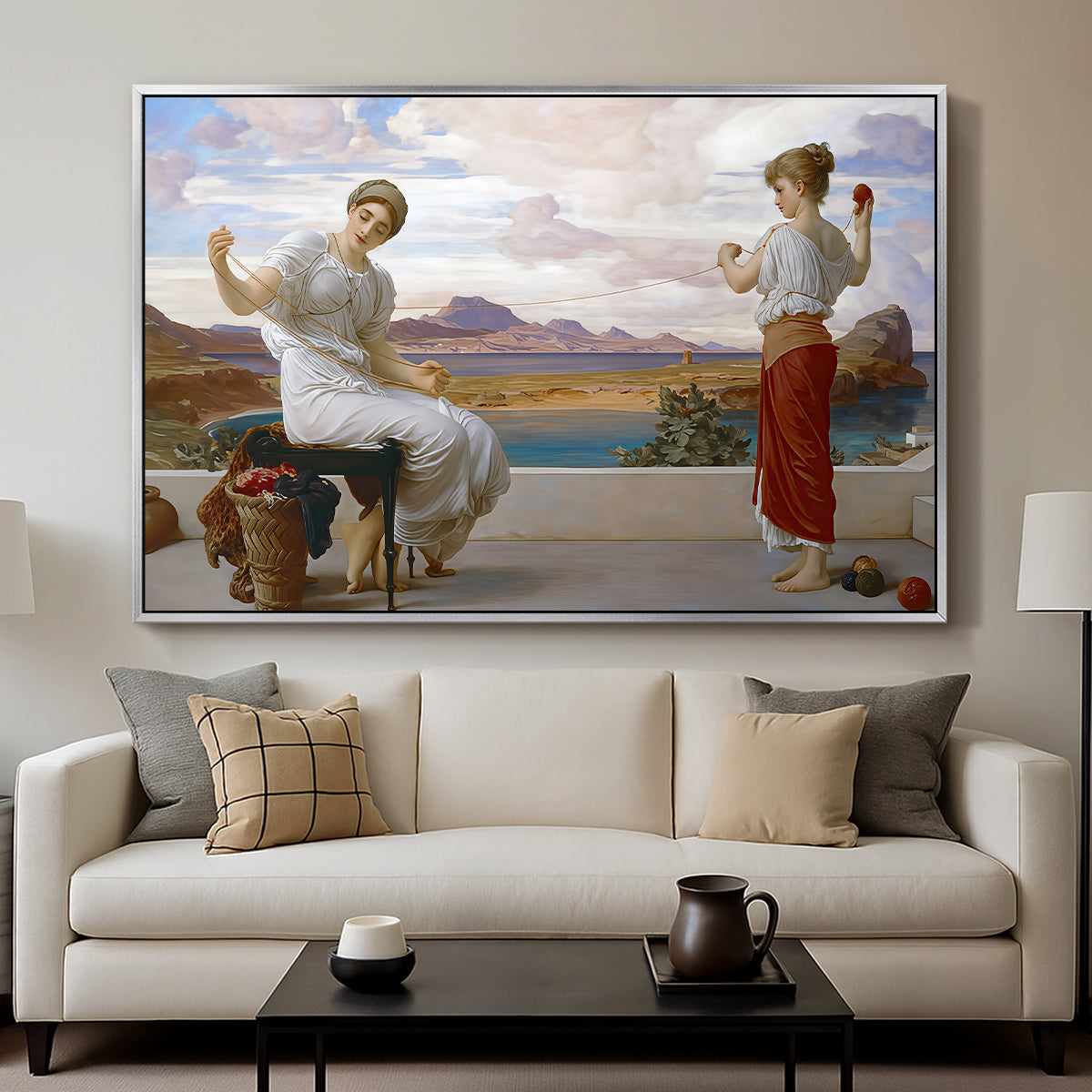 Winding the Skein, c. 1878 by Frederic Leighton displayed in a silver floater framed canvas above a sofa in a clean living room.