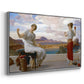 Angled view of Winding the Skein, c. 1878 by Frederic Leighton in a silver floater framed canvas.
