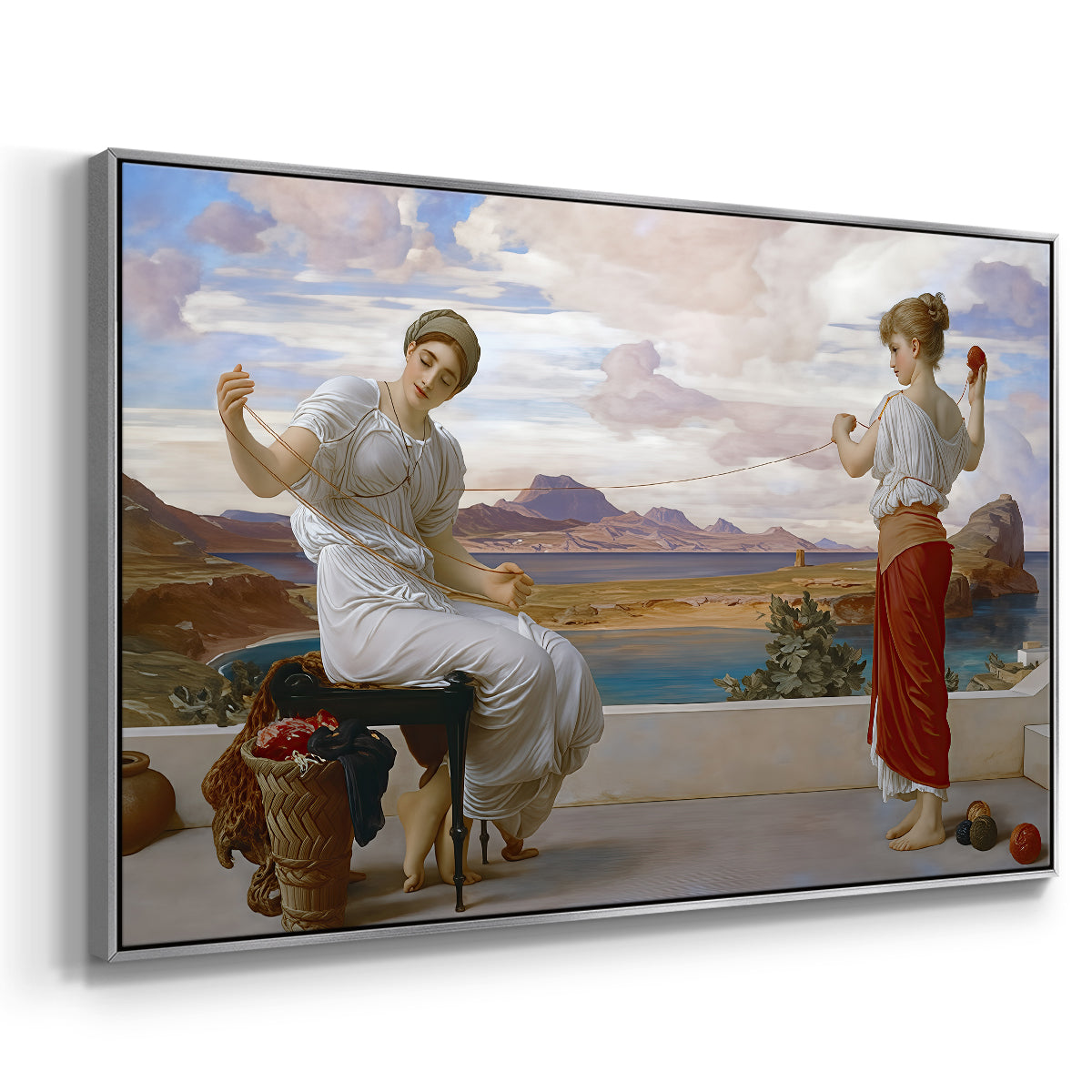 Angled view of Winding the Skein, c. 1878 by Frederic Leighton in a silver floater framed canvas.