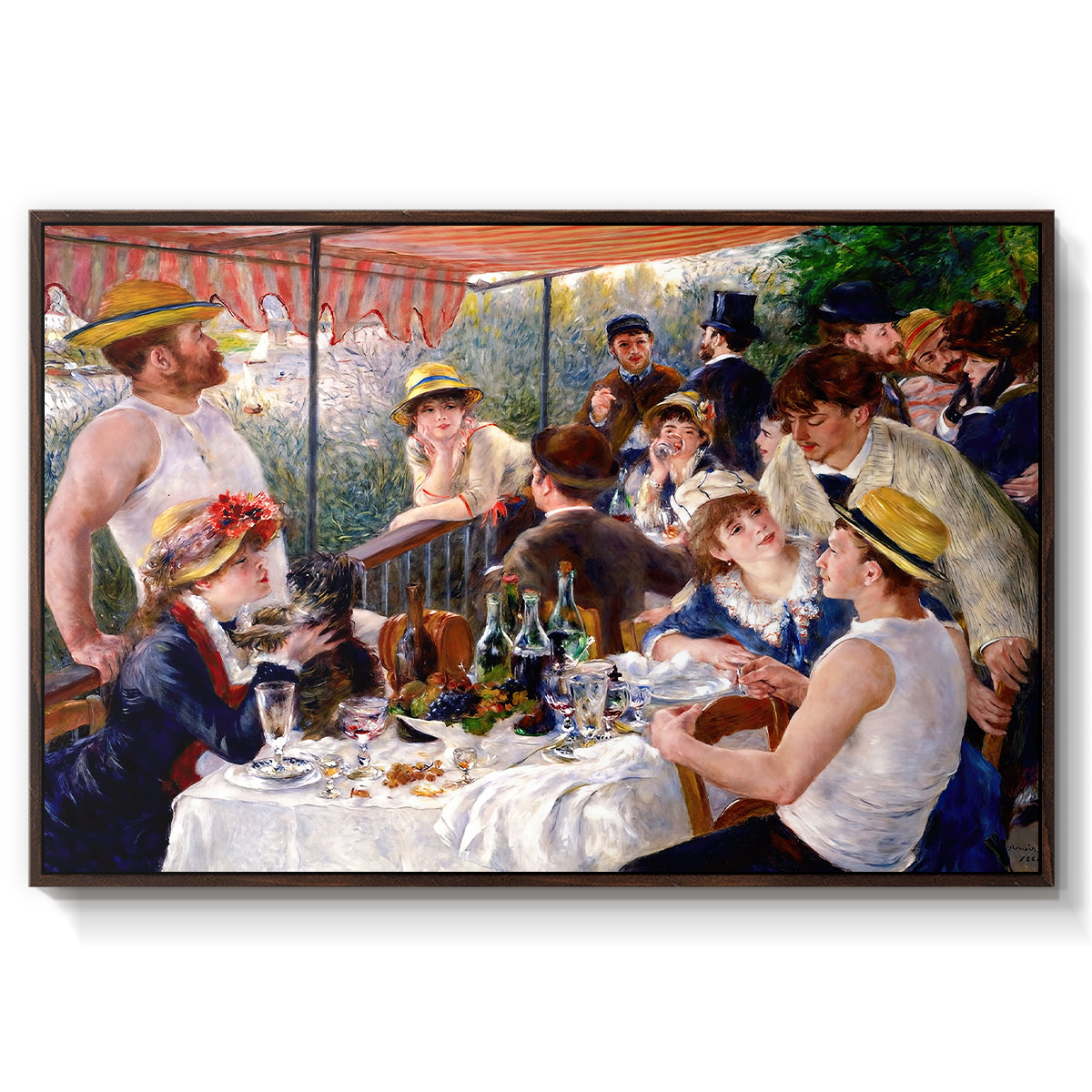 Luncheon of the Boating Party (Le Déjeuner des canotiers), 1880-1881 by Pierre-Auguste Renoir in a walnut floater framed canvas wall art display.
