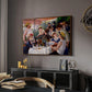 Luncheon of the Boating Party (Le Déjeuner des canotiers), 1880-1881 by Pierre-Auguste Renoir in a walnut floater framed canvas featuring an impressionist scene of friends enjoying lunch with wine and conversation, displayed above a desk in a dark home office interior.