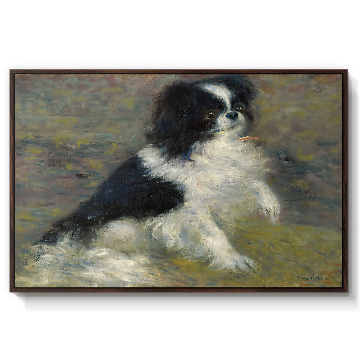Tama, the Japanese Dog, c. 1876 by Pierre-Auguste Renoir in a walnut floater framed canvas wall art display.