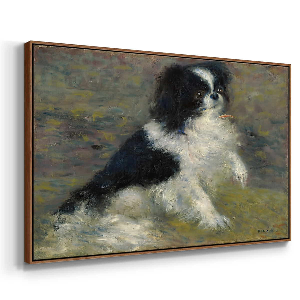 Angled view of Tama, the Japanese Dog, c. 1876 by Pierre-Auguste Renoir in a walnut floater framed canvas.