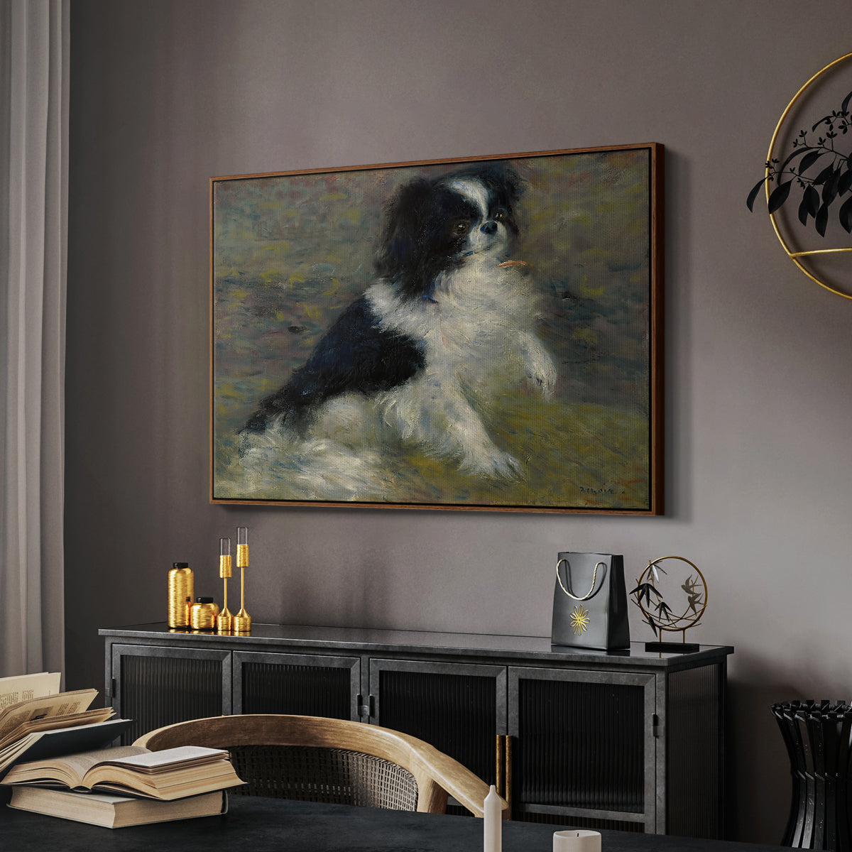 Tama, the Japanese Dog, c. 1876 by Pierre-Auguste Renoir in a walnut floater framed canvas featuring a close-up of a small dog in motion surrounded by rippling water, displayed above a desk in a dark home office interior.