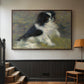 Walnut floater framed canvas featuring an animal portrait of a dog in natural outdoor setting with soft light, displayed in a hallway near a staircase.