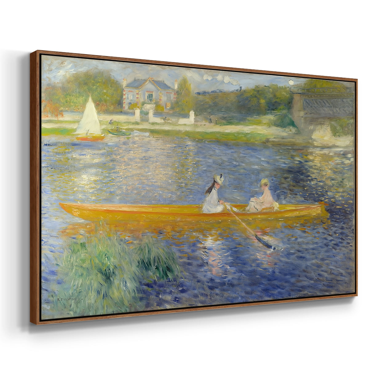 Angled view of The Skiff (La Yole), 1875 by Pierre-Auguste Renoir in a walnut floater framed canvas.