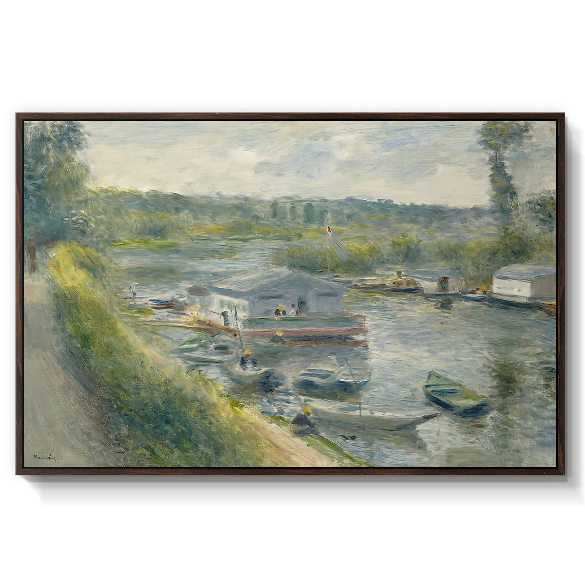 Wash-House Boat at Bas-Meudon, c. 1874 by Pierre-Auguste Renoir in a walnut floater framed canvas wall art display.