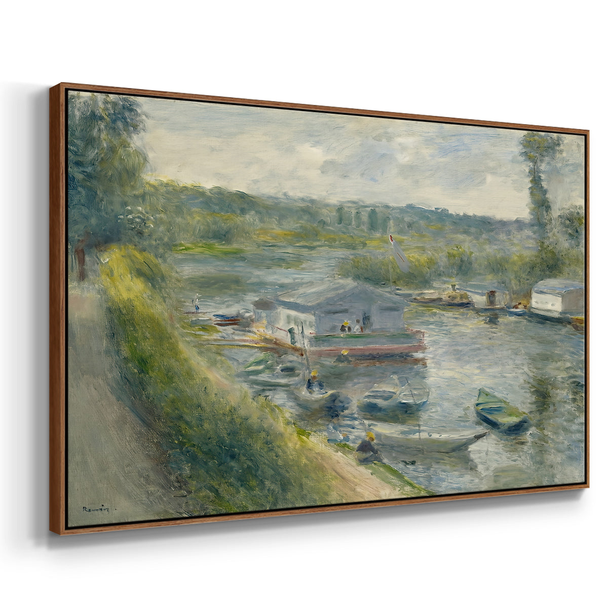 Angled view of Wash-House Boat at Bas-Meudon, c. 1874 by Pierre-Auguste Renoir in a walnut floater framed canvas.