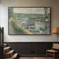 Walnut floater framed canvas featuring an everyday life scene with boat and figures along river edge, displayed in a hallway near a staircase.