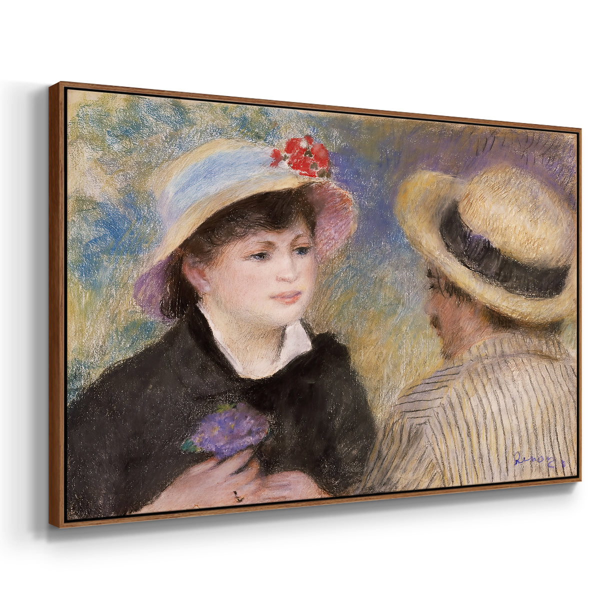 Angled view of Boating Couple (Aline Charigot and Renoir), c. 1881 by Pierre-Auguste Renoir in a walnut floater framed canvas.