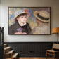 Walnut floater framed canvas featuring a romantic scene of two figures in casual conversation with soft light, displayed in a hallway near a staircase.