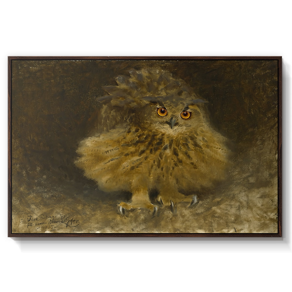 An Eagle Owl (Berguv), 1905 by Bruno Liljefors in a walnut floater framed canvas wall art display.
