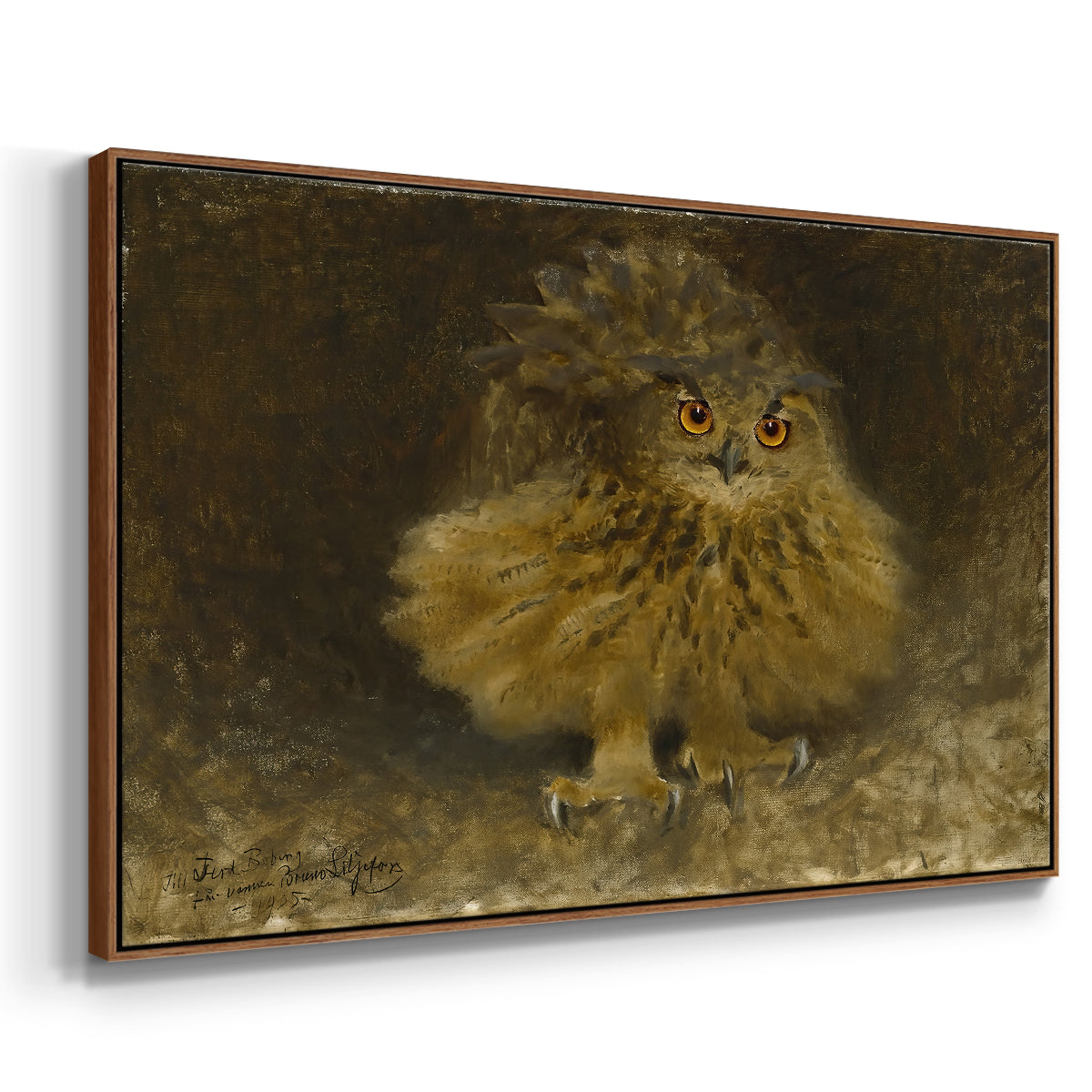Angled view of An Eagle Owl (Berguv), 1905 by Bruno Liljefors in a walnut floater framed canvas.