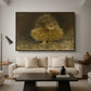 An Eagle Owl (Berguv), 1905 by Bruno Liljefors as a walnut floater framed canvas featuring a large owl perched on branch in shadowy natural forest setting, displayed above a sofa in a modern living room.