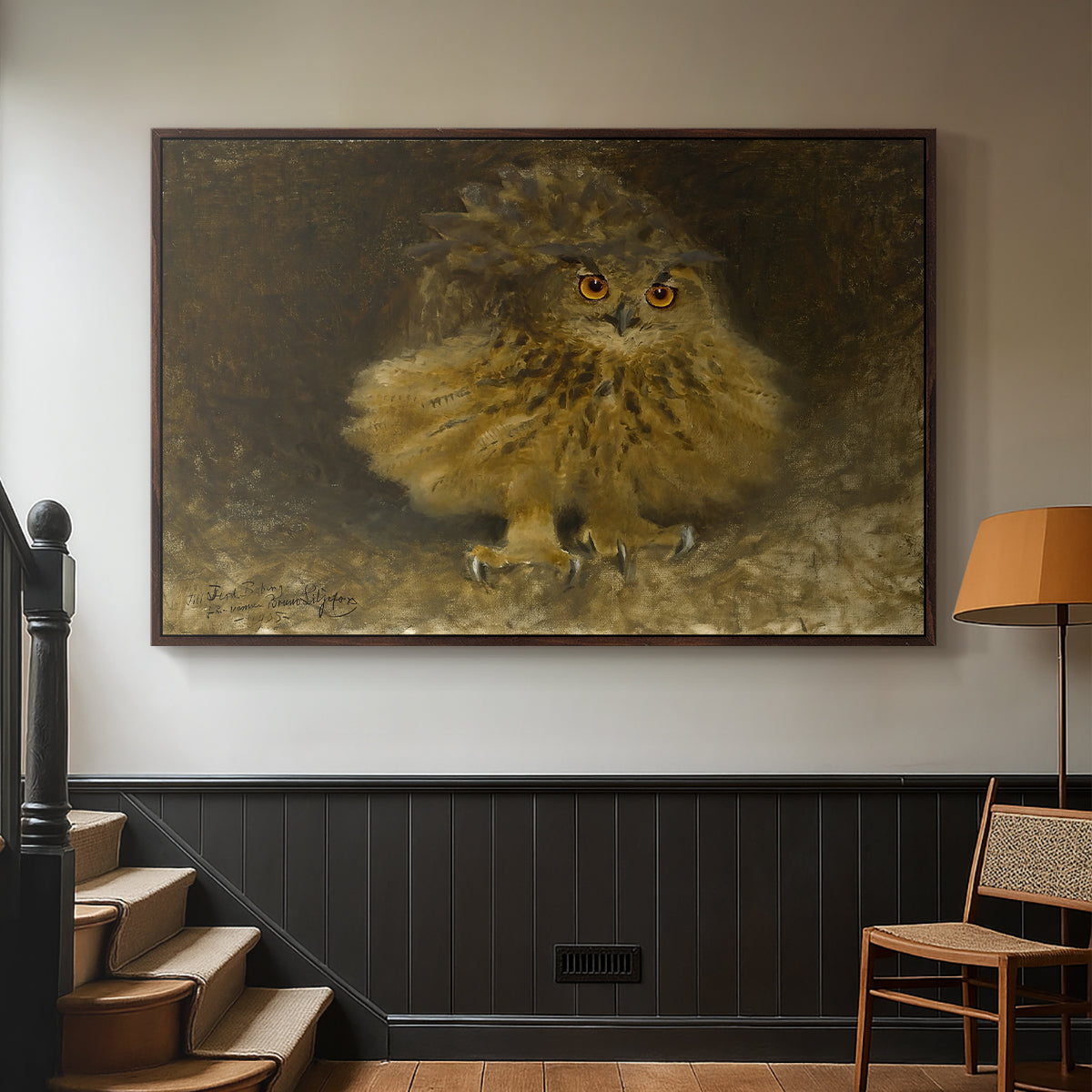 Walnut floater framed canvas featuring a realistic depiction of owl camouflaged within woodland environment, displayed in a hallway near a staircase.