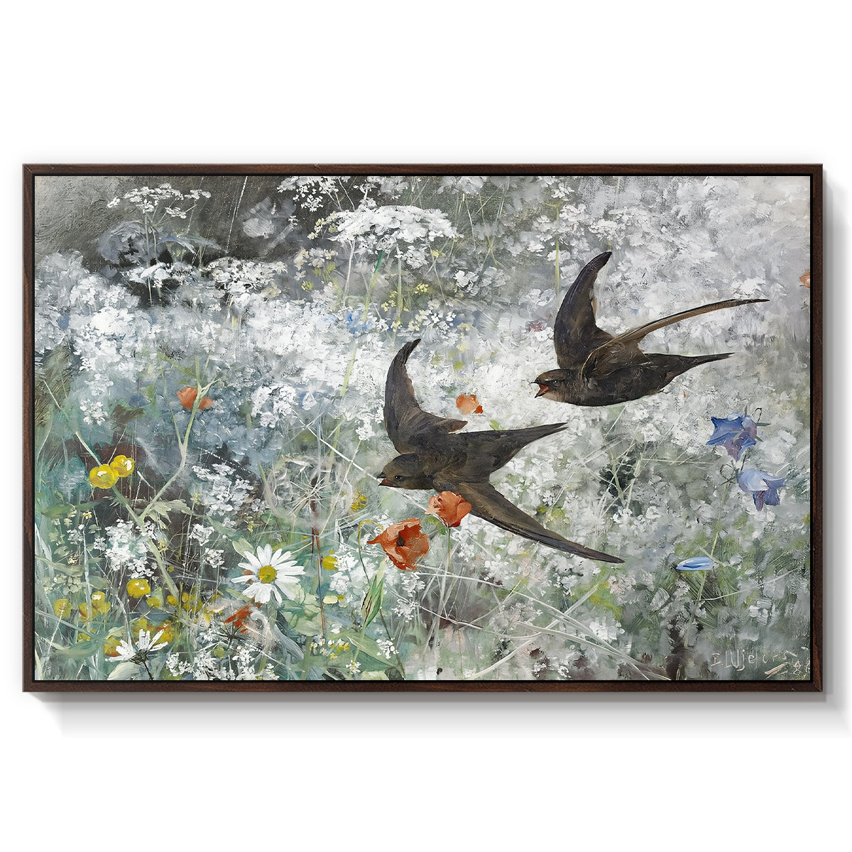 Common Swifts, 1886 by Bruno Liljefors in a walnut floater framed canvas wall art display.