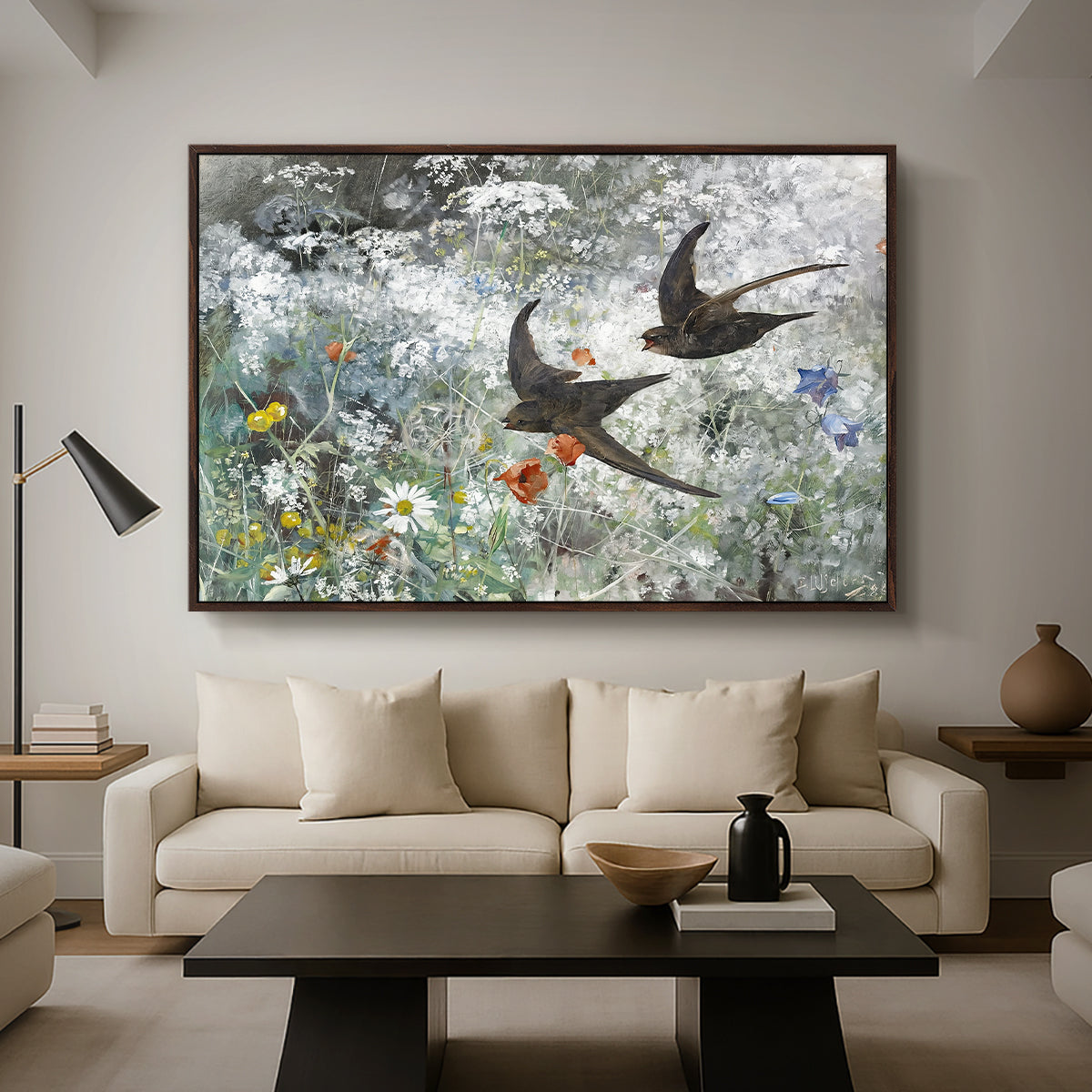 Common Swifts, 1886 by Bruno Liljefors as a walnut floater framed canvas featuring a flock of birds in flight soaring across open sky above landscape, displayed above a sofa in a modern living room.