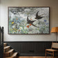 Walnut floater framed canvas featuring an impressionist wildlife scene capturing birds in motion, displayed in a hallway near a staircase.