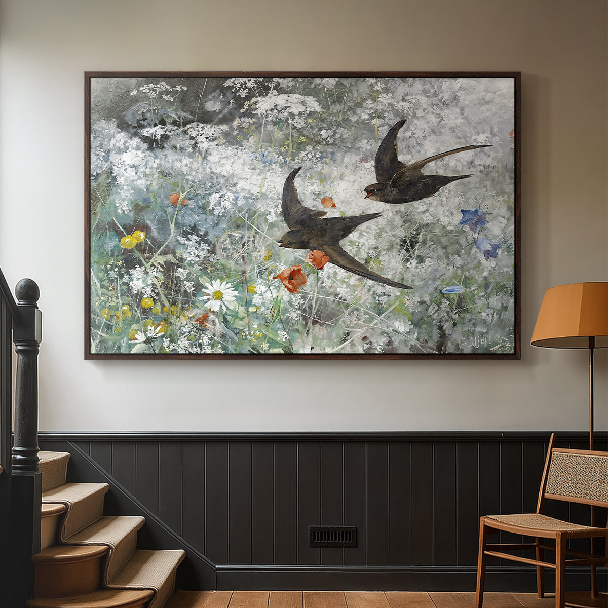 Walnut floater framed canvas featuring an impressionist wildlife scene capturing birds in motion, displayed in a hallway near a staircase.