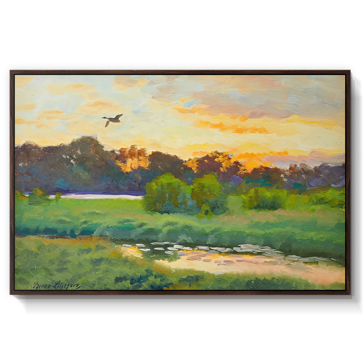 Flying Duck at Sunset, 1924 by Bruno Liljefors in a walnut floater framed canvas wall art display.