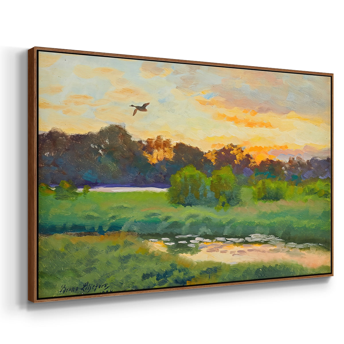 Angled view of Flying Duck at Sunset, 1924 by Bruno Liljefors in a walnut floater framed canvas.