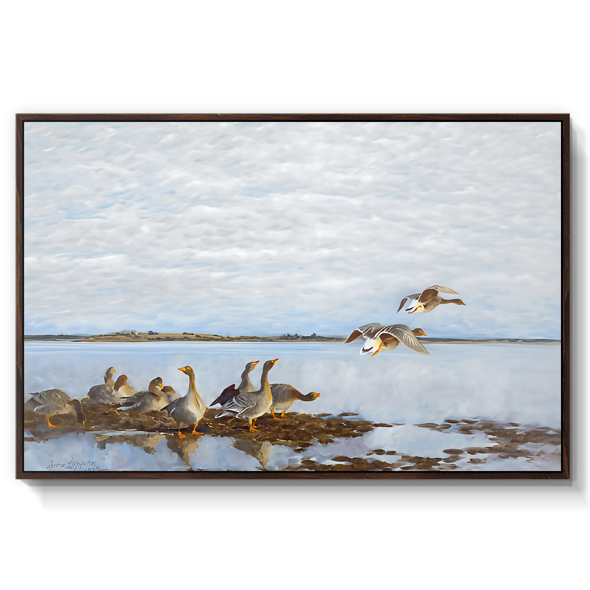 Greylag Geese (Grågäss), 1922 by Bruno Liljefors in a walnut floater framed canvas wall art display.