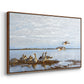 Angled view of Greylag Geese (Grågäss), 1922 by Bruno Liljefors in a walnut floater framed canvas.