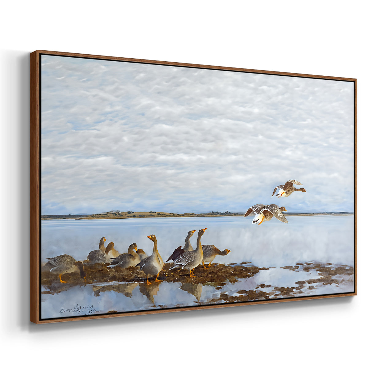 Angled view of Greylag Geese (Grågäss), 1922 by Bruno Liljefors in a walnut floater framed canvas.