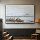 Walnut floater framed canvas featuring a flock of geese positioned along marshy terrain, displayed in a hallway near a staircase.