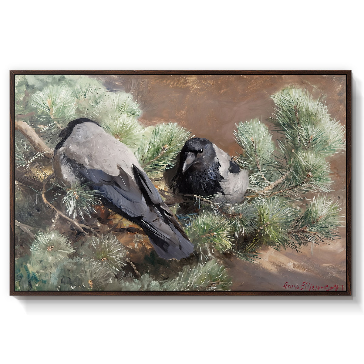 Hooded Crows (Kråkor), 1891 by Bruno Liljefors in a walnut floater framed canvas wall art display.