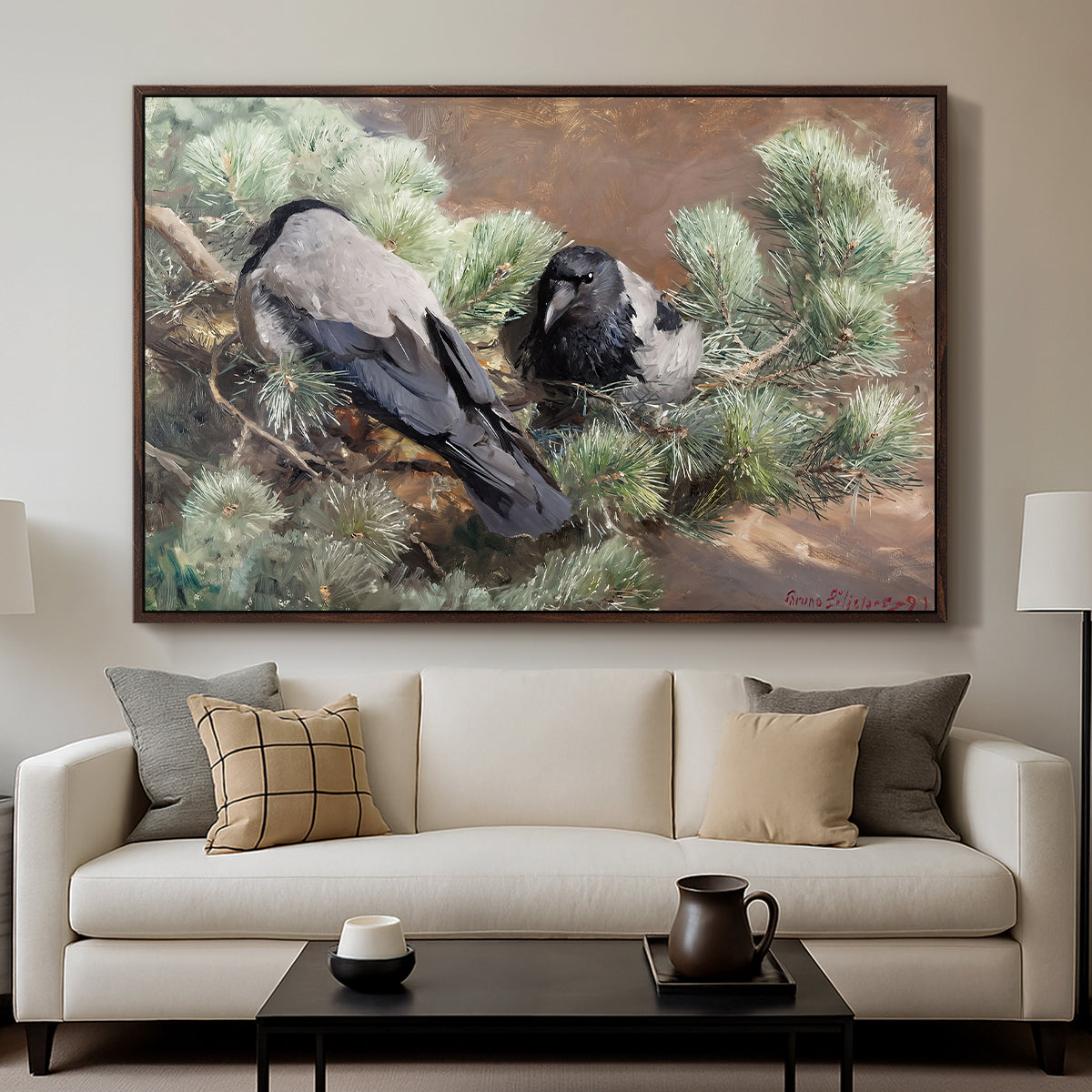 Hooded Crows (Kråkor), 1891 by Bruno Liljefors displayed in a walnut floater framed canvas above a sofa in a clean living room.