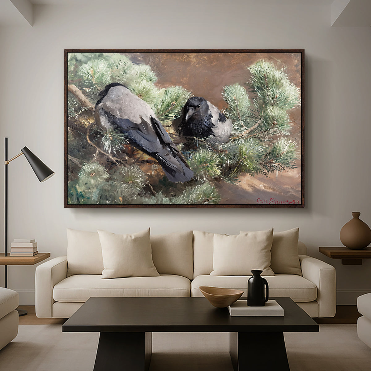 Hooded Crows (Kråkor), 1891 by Bruno Liljefors as a walnut floater framed canvas featuring two crows perched on ground among grass and earth tones, displayed above a sofa in a modern living room.